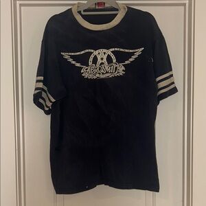 Aerosmith Vintage Band Tee Short Sleeve Graphic Navy Blue Stripes Cream Trim 90s